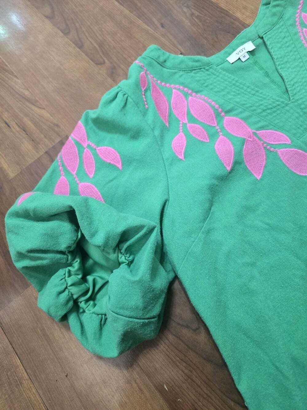 VOY Green Floral Lace V-NeckBoho Embroidered Puff Bubble Sleeve Cotton Linen Mix - Picture 6 of 15